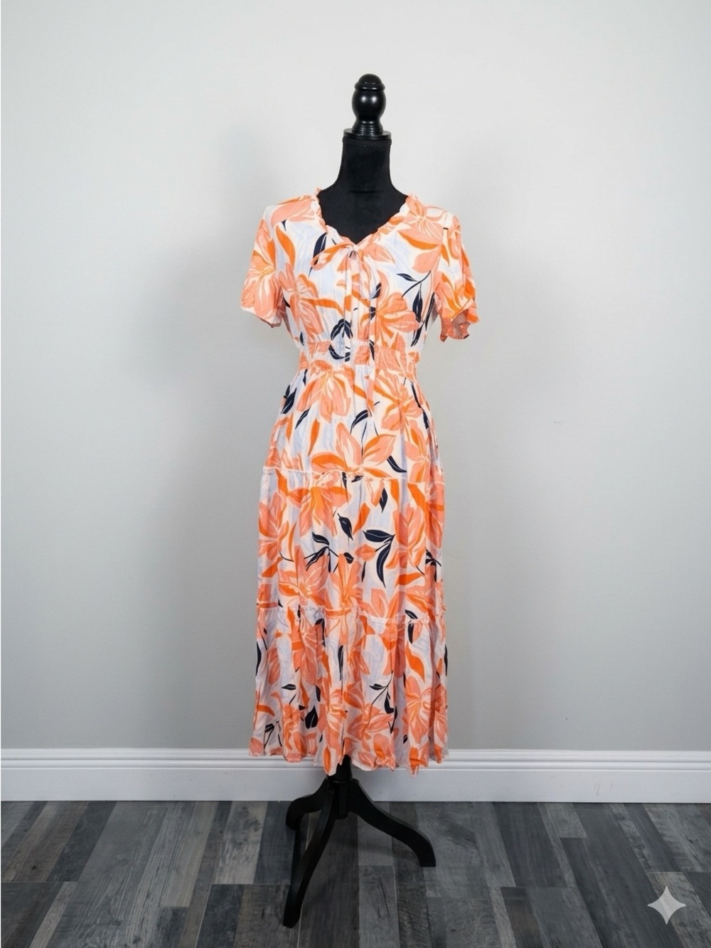 Orange Floral Tiered Maxi Dress with Cinched Waist